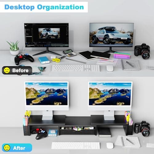 Spacrea Metal Desk Organizers and Accessories, Dual Monitor Stand Riser with Drawer and 2 Pen Holders, Book Racks, Desk Accessories & Workspace Desktop Organizers for Office Supplies (Black)