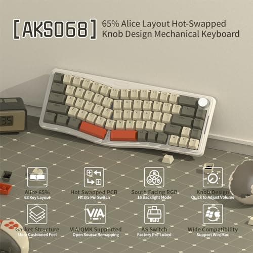 ATTACK SHARK Wired 68 Key Alice Layout Hotswappable Mechanical Gaming Keyboard Gray and 62 Key Membrane Keyboard for PC Mac Gamer Blue