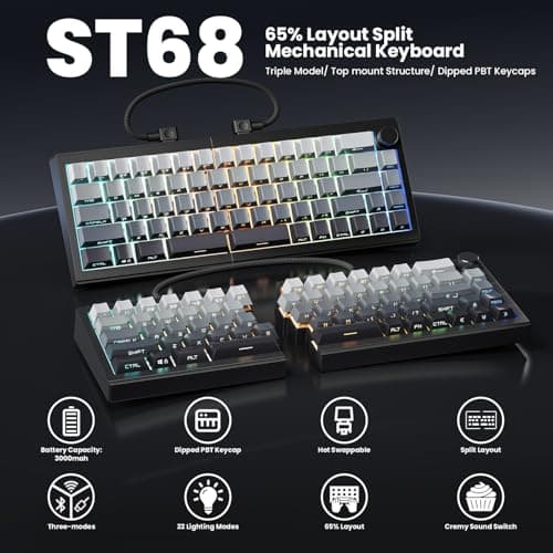 ZORNHER ST68 Ergonomic Split Keyboard,65% Wireless Gaming Keyboard with Knob,65% Black Hot-Swappable Mechanical Keyboards for Win/Mac,Silent Switches,RGB Backlit
