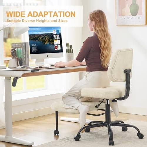 Ergonomic Cross Legged Office Chair for ADHD Adults, Criss Cross Desk Chair with Back Support, Swivel Meditation Chair with Wheels, Adjustable Height (Beige, Teddy Fabric)