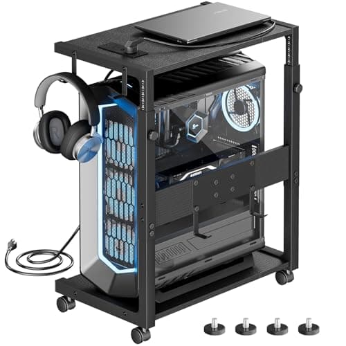 JANE EYRE Computer Tower Stand - Adjustable PC Tower Stand CPU Holder Cart with Charging Station for Office Home Classroom,23.03"-28.3" H, black
