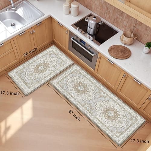 Boho Kitchen Mats for Floor 2 Piece Set Anti Fatigue Cushioned PVC Kitchen Rugs Non Slip Waterproof Farmhouse Mats 2/5 Inch Comfort Standing Mat for Sink, Laundry, 17.3"x47"+17.3"x28", Beige Tan
