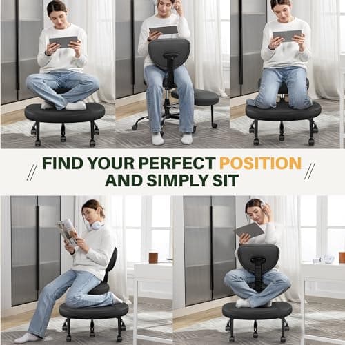 Primy Criss Cross Office Chair - ADHD Cross Legged Chair with Wheels - Adjustable Height Ergonomic Kneeling Desk Chairs for Meditation Yoga Home Office with Backrest, 360°Rotating Footrest - Black
