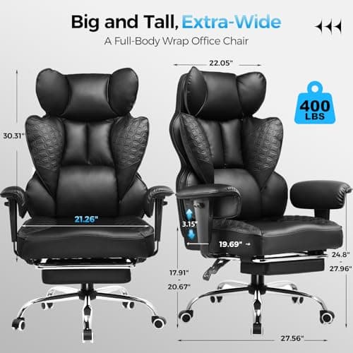 COMHOMA Big and Tall Office Chair Heavy Duty Wide Ergonomic Gaming Chair with Deluxe Embossing Designed Leather with Foot Rest,150°Reclining Adjustable Armrests Pocket Spring Back Support and Pillow