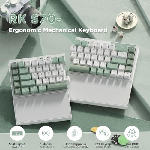 RK ROYAL KLUDGE RKS70 Ergonomic Split Keyboard, Wireless PC Gaming Keyboard with Bluetooth/2.4G/Wired, Hot Swappable Mechanical Keyboards w/Fixed Wrist Rest, PBT Keycaps, Linear Switches, White