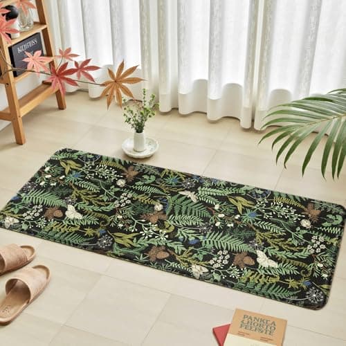 Black Green Botanical Kitchen Rugs Set of 2 Plant Leaf Anti-Fatigue Kitchen Mat Natural Comfort Standing Waterproof PVC Mats 2/5" Thick Leather Carpet for Laundry Office Sink(17.3" x28" + 17.3" x 47")