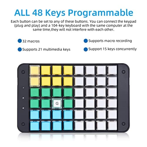 Koolertron One Handed Macro Mechanical Gaming Keyboard, Fully Programmable Mini Keypad, 48-Key Mini USB Macro Keyboard with Blank Keycaps, for Gamers/Cashier/Designers/Video Editors