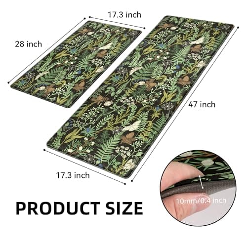 Black Green Botanical Kitchen Rugs Set of 2 Plant Leaf Anti-Fatigue Kitchen Mat Natural Comfort Standing Waterproof PVC Mats 2/5" Thick Leather Carpet for Laundry Office Sink(17.3" x28" + 17.3" x 47")