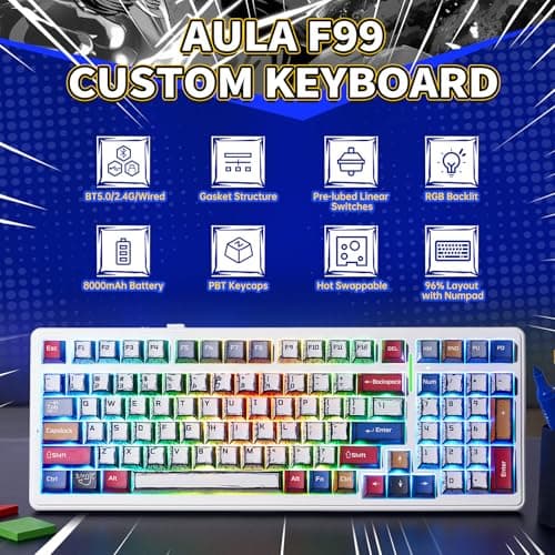 Aula F99 Mechanical Gaming Keyboard, Wireless Creamy Keyboard Hot Swappable Custom Keyboards Rechargeable, Tri-Mode BT5.0/2.4GHz/USB-C, Pre-lubed Linear Switches, RGB Backlit, Gasket Structure