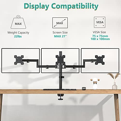WALI Triple Monitor Mount, 3 Monitor Desk Mount for 13-27 inch Computer Screens, Holds up to 22 lbs, Triple Monitors Stand for Desk, with Tilt, Swivel, Rotation, VESA 75/100mm (M003S), Black