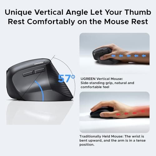 UGREEN Vertical Mouse, Wireless Bluetooth Ergonomic Mouse, Dual-Mode (BT 5.4 & USB 2.4G), Quiet Clicks, 4 Adjustable DPI (1000/1600/2000/4000), Compatible with Windows/Mac/Linux/Android/ChromeOS