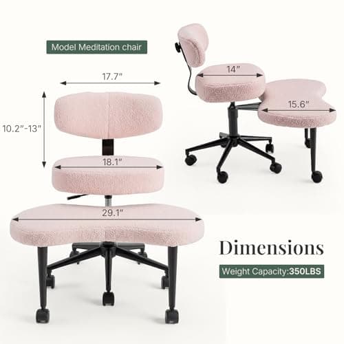 HAPPYMONT Ergonomic Cross Legged Office Chair with Adjustable Backrest and Seat, 360° Swivel Meditation Teddy Fabric Yoga Stool Desk Chair for ADHD with Footrest, 350lbs Capacity, Pink