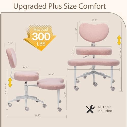 Cross Legged Chair, Meditation Chair Plus with 360° Swivel Wheels for ADHD/Fidgety Sitters, Height Adjustable & Ergonomic Lumbar Support, Teddy Fabric, Pink Home Office Furniture