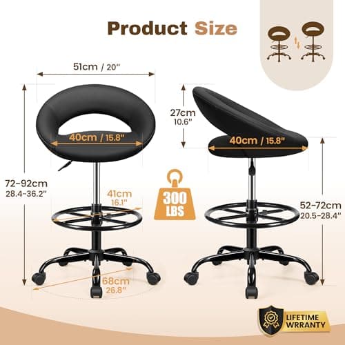 BESTFAIR Office Drafting Chair - Bar Stools with Back Support, Adjustable Foot Rest and Wheels, Shop Rolling Swivel Chair for Standing Desk Counter Kitchen Salon Home Vanity, Black