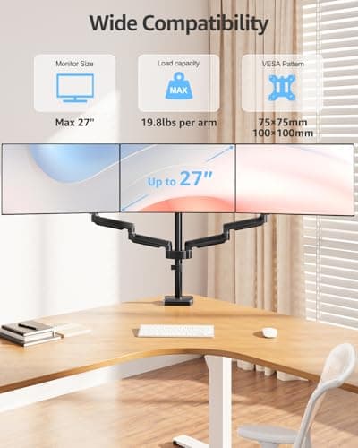 MOUNTUP Triple Monitor Stand Mount - 3 Monitors Desk Mount for Computer Screens Up to 27 inch, Triple Monitor Arm, Heavy Duty Monitors Stand, Each Arm Holds 4.4-19.8 lbs, Black
