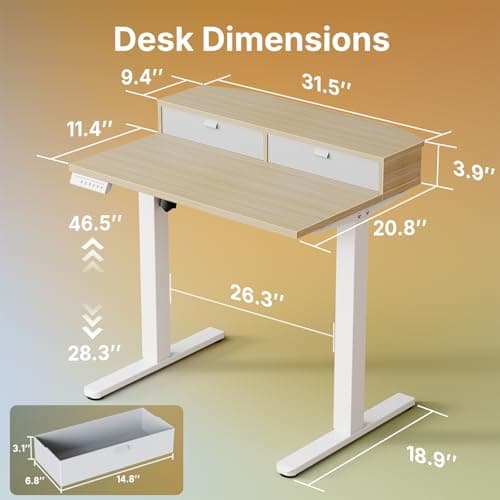 HUANUO 32 x 21 inch Small Electric Standing Desk with 2 Drawers, C-Clamp Mount Compatible, Height Adjustable Sit Stand Desk, Home Office Stand Up Desk with 4 Memory Height Settings, Light Walnut