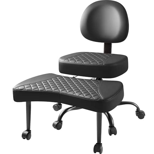 Furmax Ergonomic Criss Cross Legged Office Chair with Wheels, 360°Swivel Adjustable Height Kneeling Desk Chair with Footrest for ADHD, Yoga, Meditation, Home Office (Leather, Black)