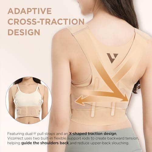 Vicorrect Adjustable Posture Corrector for Women: Comfortable Fit for Body Types - Invisible Under Clothes Wearable for Sitting and Exercise - Helps with Upper Back Shoulder Neck Pain (Beige, Medium)