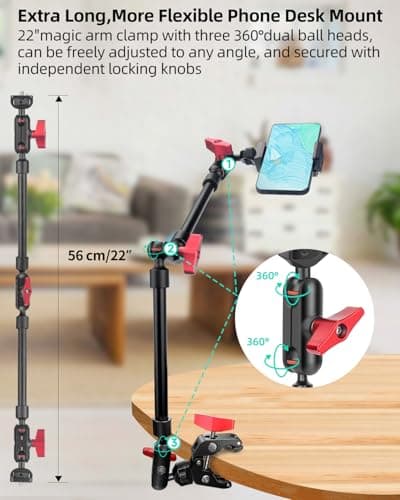 JEBUTU 22" Magic Arm w Clamp Mount, Overhead Desk Phone Mount Stand, Adjustable Articulating Friction Camera Boom Arm w 1/4" Thread for Phone Video Light Webcam Action Camera Tripod Mic