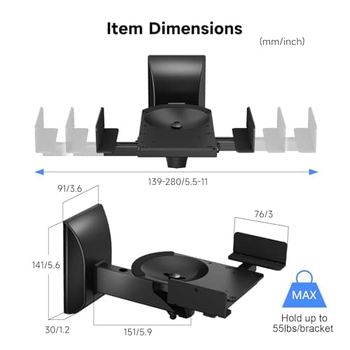 suptek Speaker Wall Mounts, Dual Speaker Stands for Surround Sound Speakers, Universal Bracket, Tilt Swivel Shelves Up to 55lbs Black (2 Pack)