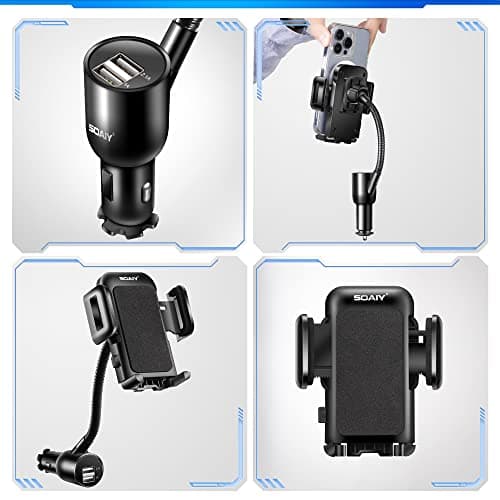SOAIY 3-in-1 Cigarette Lighter Car Mount + Voltage Detector (Not for Center Console & Window), Dual USB 3.1A Charger with Adjust Gooseneck & 360° Rotating Car Mount Cradle for 1.7-3.7inch Width Phones