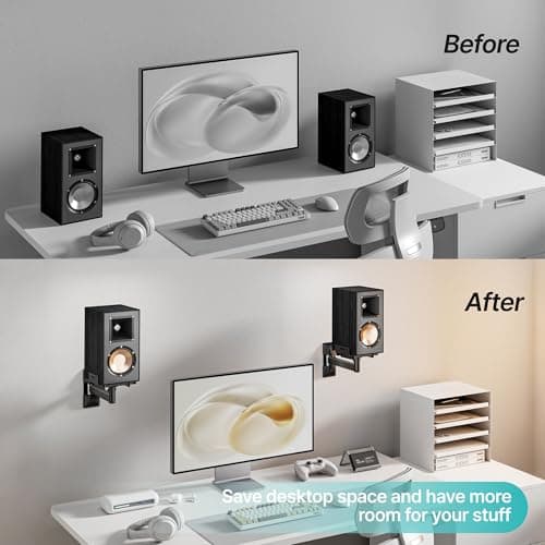 PEGZONE Adjustable Speaker Wall Mounts, 55 lbs Capacity, Dual Speaker Wall Stands for Most Bookshelf Speakers, Fits Speakers with Widths Ranging from 5.1” to 11.2”,Black, 1 Pair