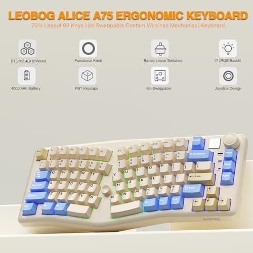 CORBOBO x LEOBOG Alice A75 Ergonomic Keyboard, Wireless Mechanical Gaming Keyboard Tri-Mode BT5.0/2.4G/Wired with Joystick and Knob, 75% Layout RGB Backlit Hot Swappable Linear Switches for Win