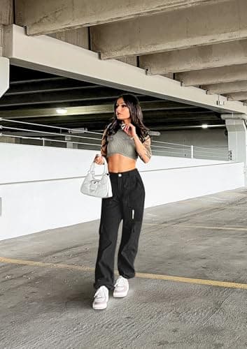 IVIR Cargo Pants Women High Waist Wide Leg Y2K Streetwear 7 Pockets Baggy Trousers Pants Black Middle