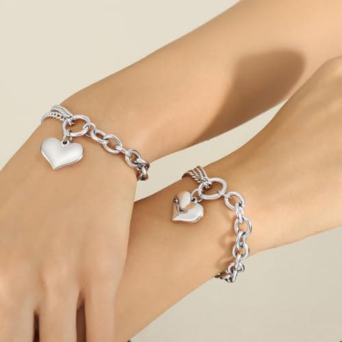 Alegend Titanium Steel (Not Rust, Resist Corruption, Easily Clean) 18K Silver Plated Layered Bracelet with Heart Pendant - Adjustable Chain