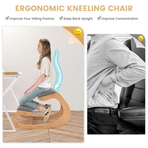 FIREFLOWERY Ergonomic Kneeling Chair, Wooden Posture Chair W/Extra Padding for Back Neck Pain Relief & Improving Posture, Rocking Meditation Stool W/Knee Support for Home Office (Grey)