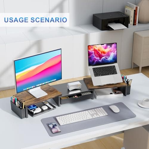 gianotter Dual Monitor Stand Riser, Desk Organizer With Drawer and 2 Pen Holders,Computer Monitor Stand, Desk Shelf for Top of Desk, Wood