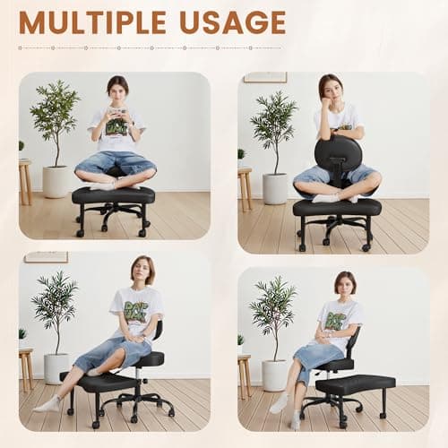 Shahoo Ergonomic Cross Legged Office Chair with Wheels - Adjustable Height Kneeling Meditation Chairs for ADHD, Yoga & Desk Work - Wide Criss Cross Seat with Lumbar Support, (Faux PU,Black)
