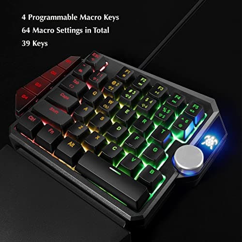 Hawksbill H5 One Handed Macro Gaming Keyboard - Tactile + Clicky - Rotating Backlit RGB Colors - Removable Wrist Rest - 39 Keys + knob - 4 Customizable Macro presets