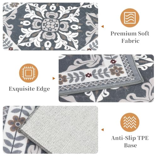DailyCuddles 3-Piece Kitchen Rugs, Non-Slip & Washable Floor Mats, Water-Absorbent Area Pad, Standing Desk Mat for Office, Home, Doorway, Laundry, Kitchen Accessories (Grey)