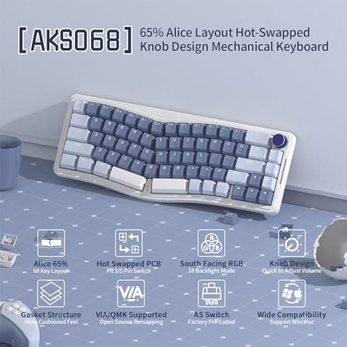 ATTACK SHARK Wired 68 Key Alice Layout Hotswappable Mechanical Gaming Keyboard Blue and 62 Key Membrane Keyboard for PC Mac Gamer Blue