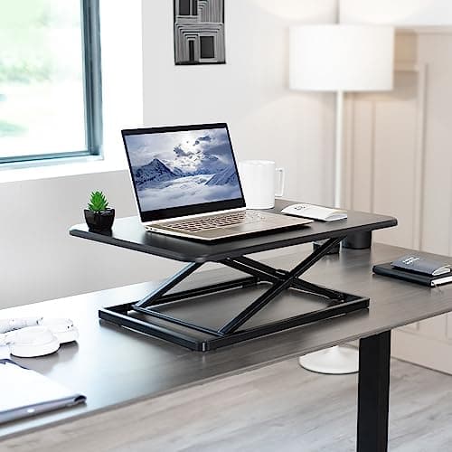 VIVO Ultra-Slim Single Top Height Adjustable Standing Desk Riser, Compact Sit Stand Desktop Converter for Monitor or Laptop, Steel, Black, DESK-V001J