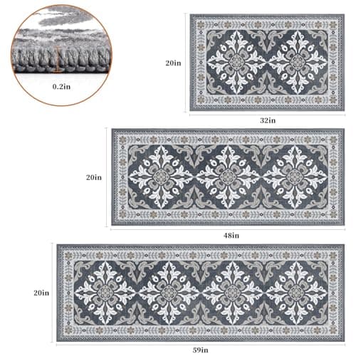 DailyCuddles 3-Piece Kitchen Rugs, Non-Slip & Washable Floor Mats, Water-Absorbent Area Pad, Standing Desk Mat for Office, Home, Doorway, Laundry, Kitchen Accessories (Grey)