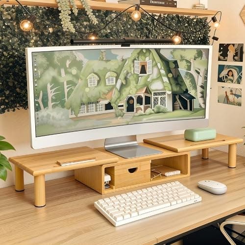 ROCDEER Dual Monitor Stand Riser with Drawer for Desk Laptop Desk Shelf with Adjustable Length and Angle, Bamboo Computer Stand Riser for 2 or 3 Monitors Screen Laptop PC TV -Natural