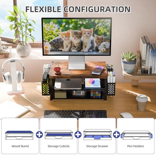 Simple Trending Desk Organizers and Accessories, Computer Monitor Stand Riser with Drawer and 2 Pen Holders, 2-Tier Computer Rack for Home Office, Wood