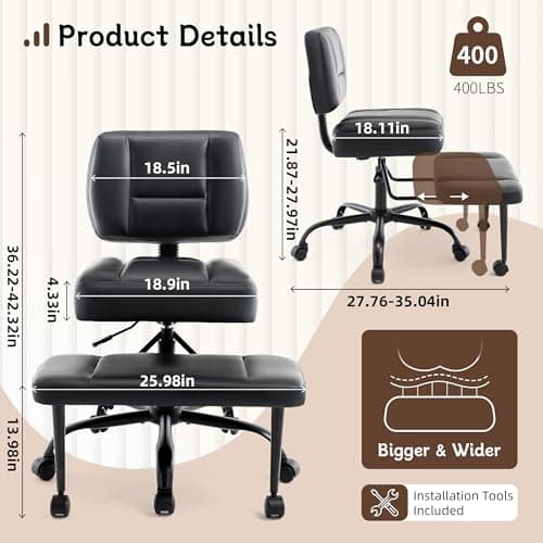 Ergonomic Criss Cross Legged Office Chair, ADHD Chair, 360° Swivel Meditation Kneeling Chair with Wheels, Adjustable Footrest, Bigger & Wider Height Adjustable Seat, Strong Lumbar Support, Black PU