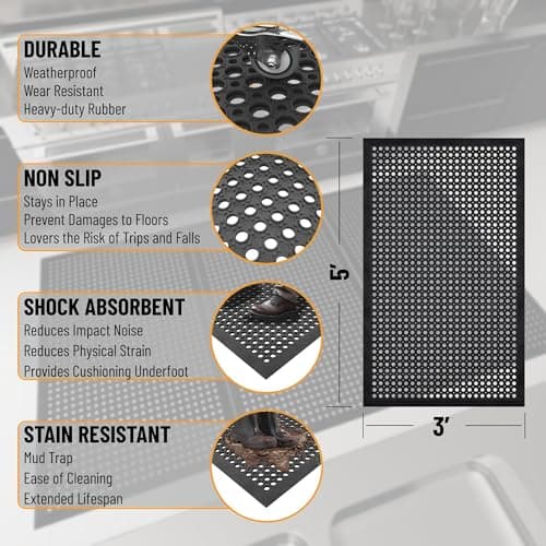 Ottomanson Heavy Duty Rubber Floor Mat – Non-Slip, Waterproof, Easy to Clean – Anti-Fatigue Mat for Commercial Kitchens, Restaurants, Workshops – Oil Resistant, Hose Washable – 36" x 60", Black