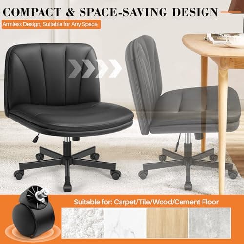 FelixKing Criss Cross Chair with Wheels, Cross Legged Office Chair, Armless Wide Vanity Desk Chair with 2 Layer Comfty Velvet & Back - Swivel for Home Office Bedroom, Dark Black
