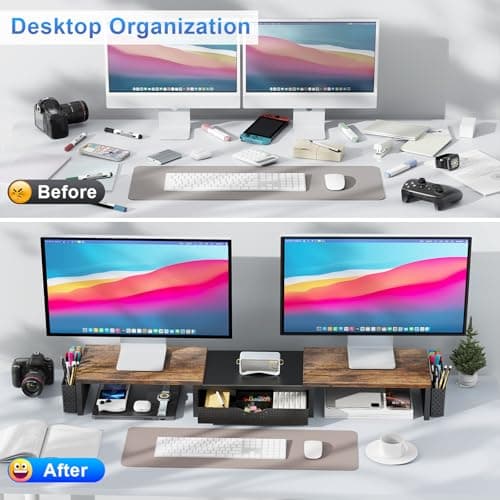 gianotter Dual Monitor Stand Riser, Desk Organizer With Drawer and 2 Pen Holders,Computer Monitor Stand, Desk Shelf for Top of Desk, Wood