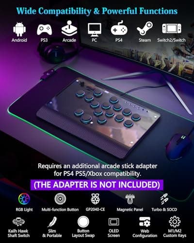 GuileKeys GM-16 Leverless Arcade Stick, Magnetic Detachable Panel, All-Button Fight Controller with 16 Keys, Tournament Lock with OLED, RGB, Turbo & Hot-Swappable for PS4/PS3/PC/Switch, Black