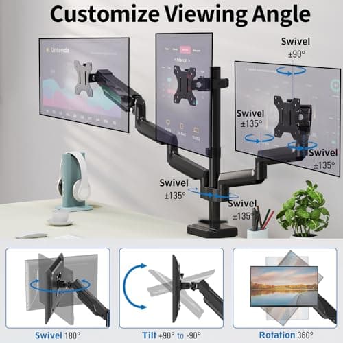 ErgoFocus Triple Monitor Desk Mount for Computer Screens up to 32", Holds up to 19.8 lbs Each, 3 Monitor Arm, Heavy Duty Stand Vesa Mount 75x75, 100x100