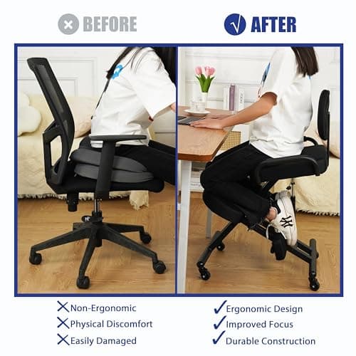 Ergonomic Kneeling Chair with Back Support and Foot Pedals — Adjustable Posture Stool for Back Pain Relief, Rolling Kneeling Chair for Home & Office, Extra Comfort Cushion, Angled Design