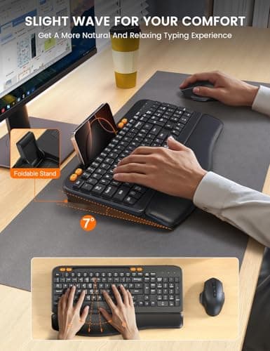 Wireless Keyboard and Mouse Combo, Ergonomic Wave Keys, Cushioned Palm Rest, Rechargeable, Phone Holder, Natural Typing, 2.4G Lag-Free, MA22 Plus Full Size Keyboards Set for Windows/Mac -SABLUTE