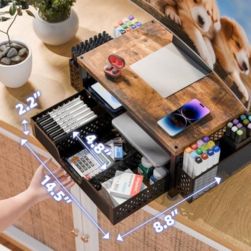 Simple Trending Desk Organizers and Accessories, Computer Monitor Stand Riser with Drawer and 2 Pen Holders, 2-Tier Computer Rack for Home Office, Wood
