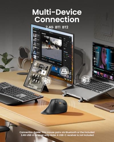 ProtoArc Ergonomic Mouse, EM11 NL Bluetooth Rechargeable Wireless Vertical Mouse, 3 Multi-Device Connectivity for Computer/PC/Laptop, 2.4GHz USB-A Optical Mice for Windows, Mac OS, Black
