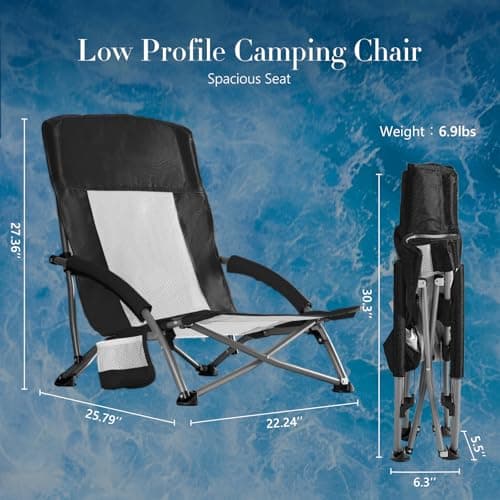 DUMOS Low Camping Beach Chair, Lightweight Folding Portable Beach Chair with Cup Holder, Storage Pocket, Breeze Mesh Back, Padded Armrests, Low Profile Chair for Camp, Picnic, Lawn, Sand, Black